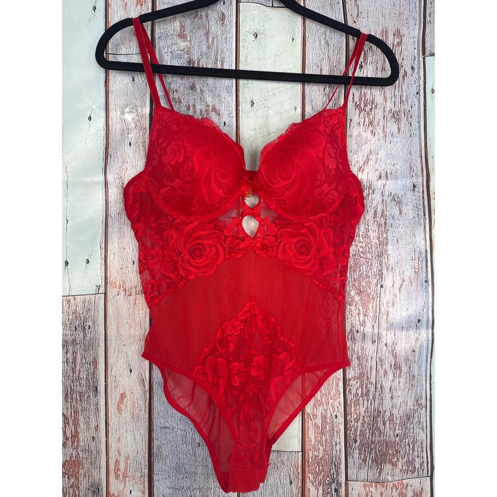 Daisy‎ Fuentes Red Lace Floral Rose Mesh Bodysuit Lingerie XL DF2507A